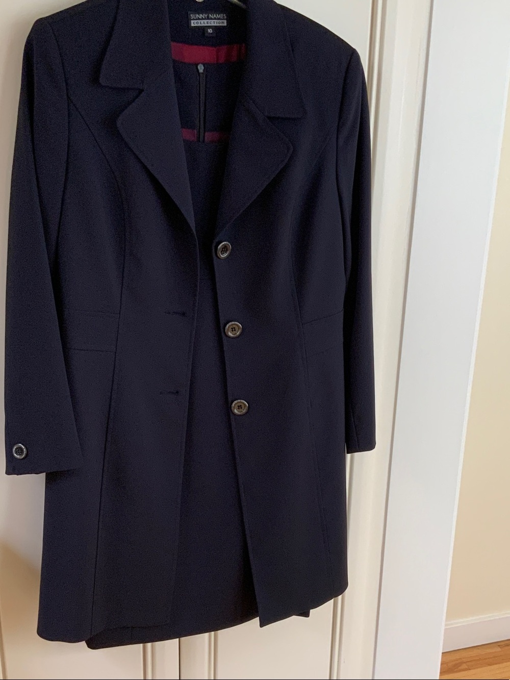 Navy Single-Breasted Pea Coat and matching dress
Full length just under the knee